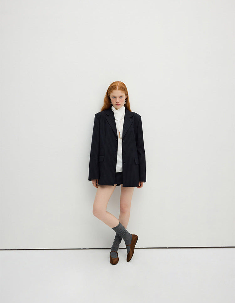 Lacivert Çizgili Oversize Blazer