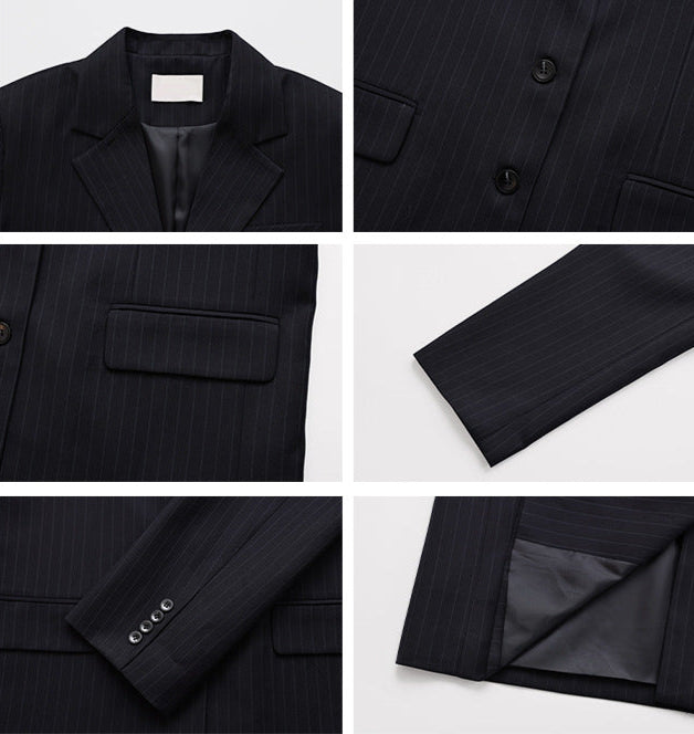 Lacivert Çizgili Oversize Blazer