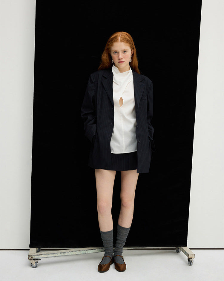 Lacivert Çizgili Oversize Blazer