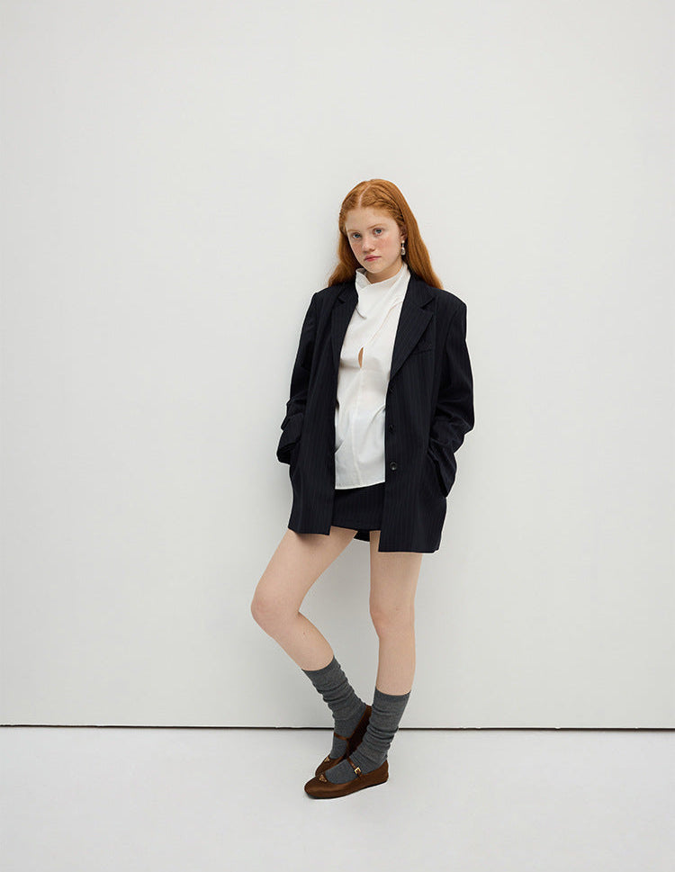 Lacivert Çizgili Oversize Blazer