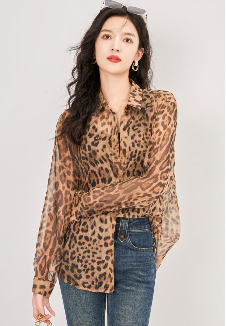 Leopar Desenli İnce Tül Gömlek