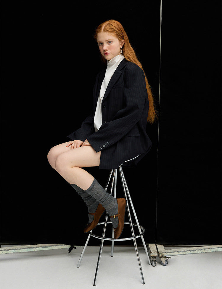 Lacivert Çizgili Oversize Blazer