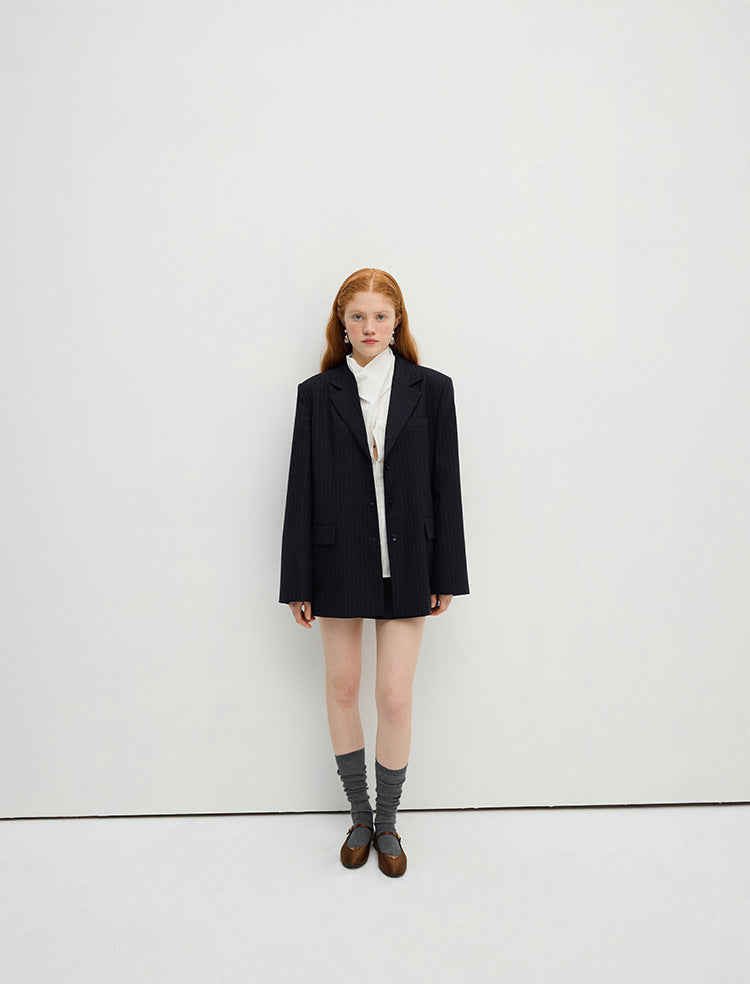 Lacivert Çizgili Oversize Blazer