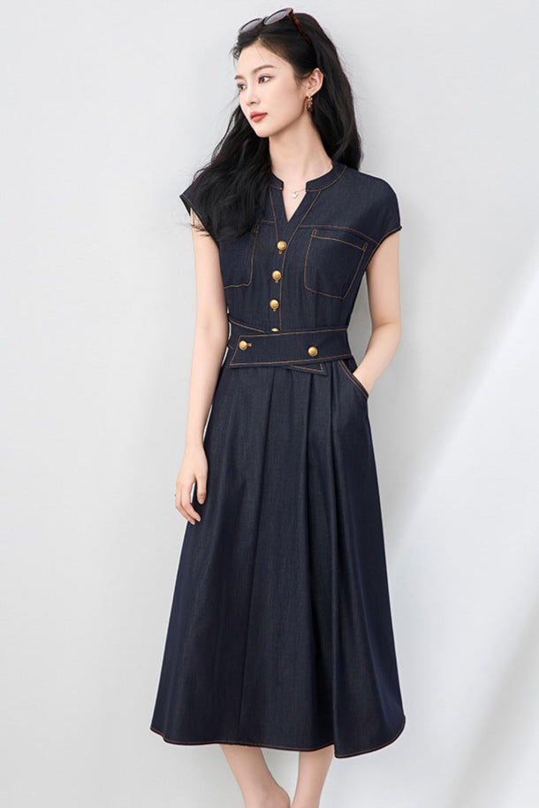 Slim Fit İpek Pamuk Denim Midi Elbise
