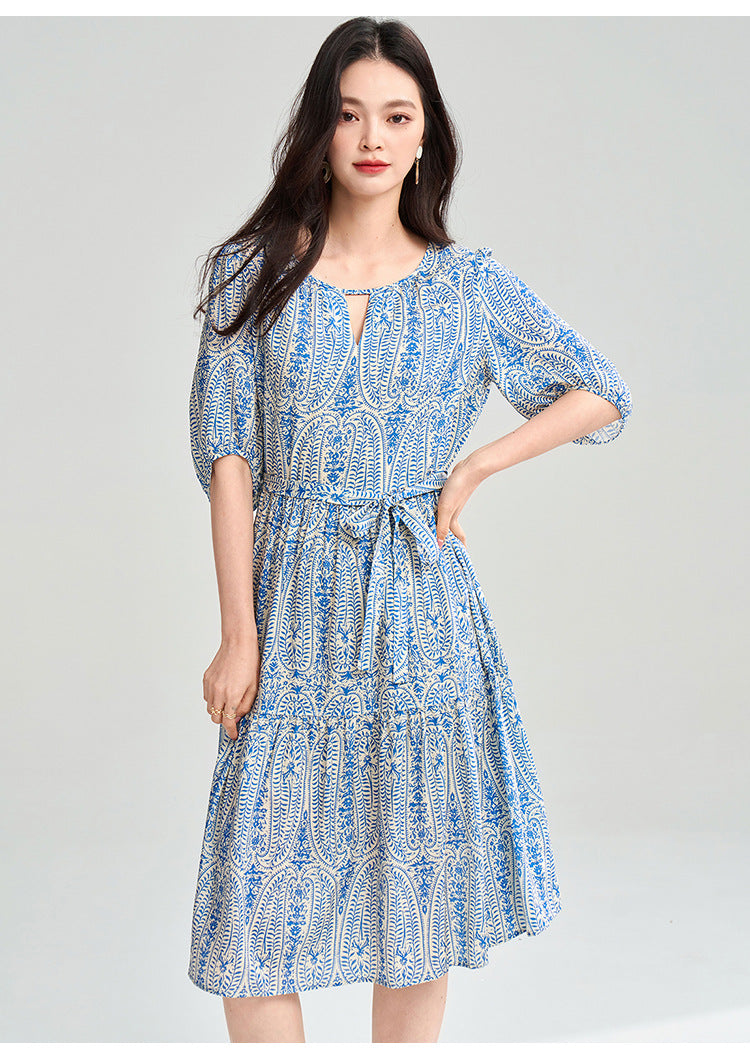 Mavi Geometrik Desenli Tencel İkili Yaz Takımı