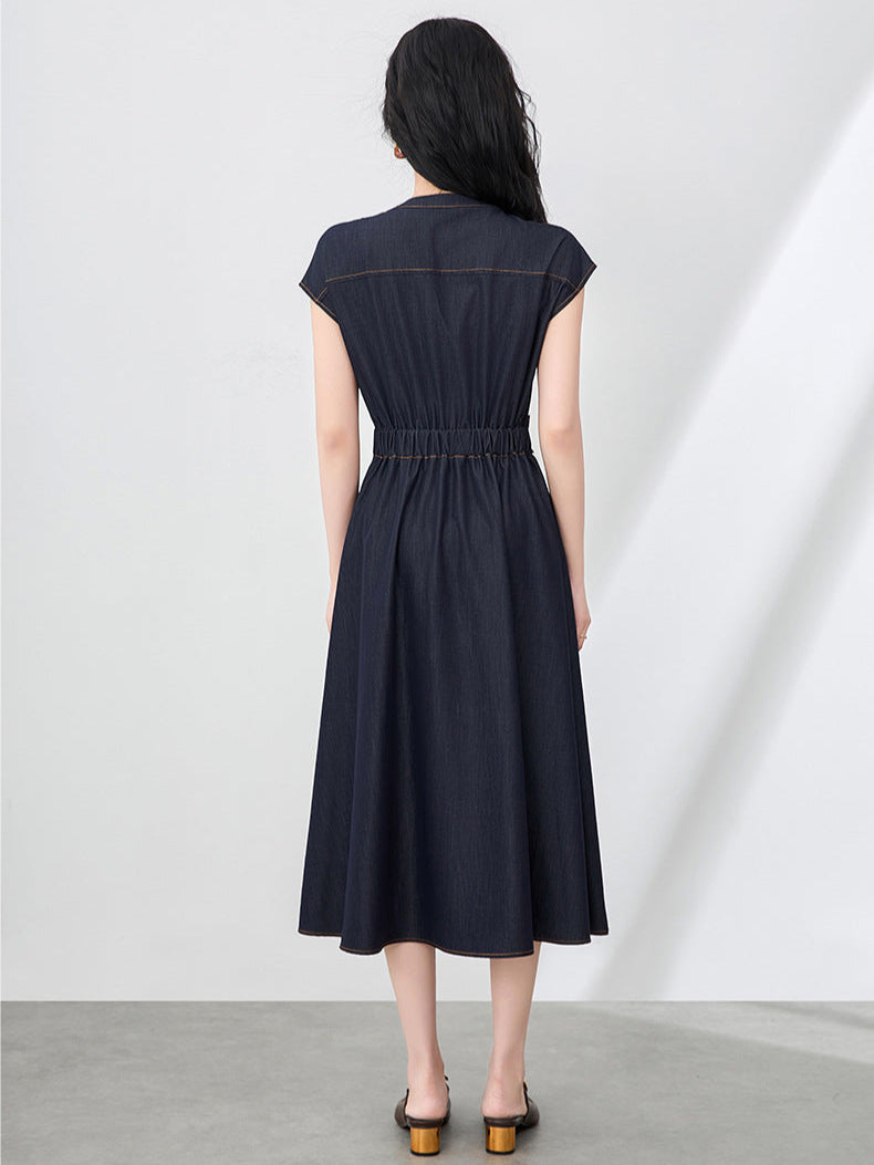Slim Fit İpek Pamuk Denim Midi Elbise