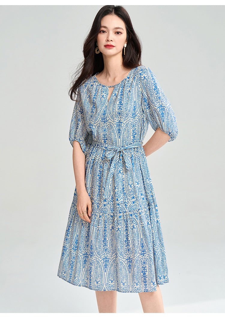 Mavi Geometrik Desenli Tencel İkili Yaz Takımı