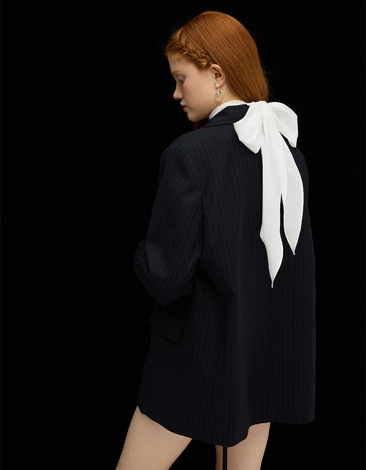 Lacivert Çizgili Oversize Blazer