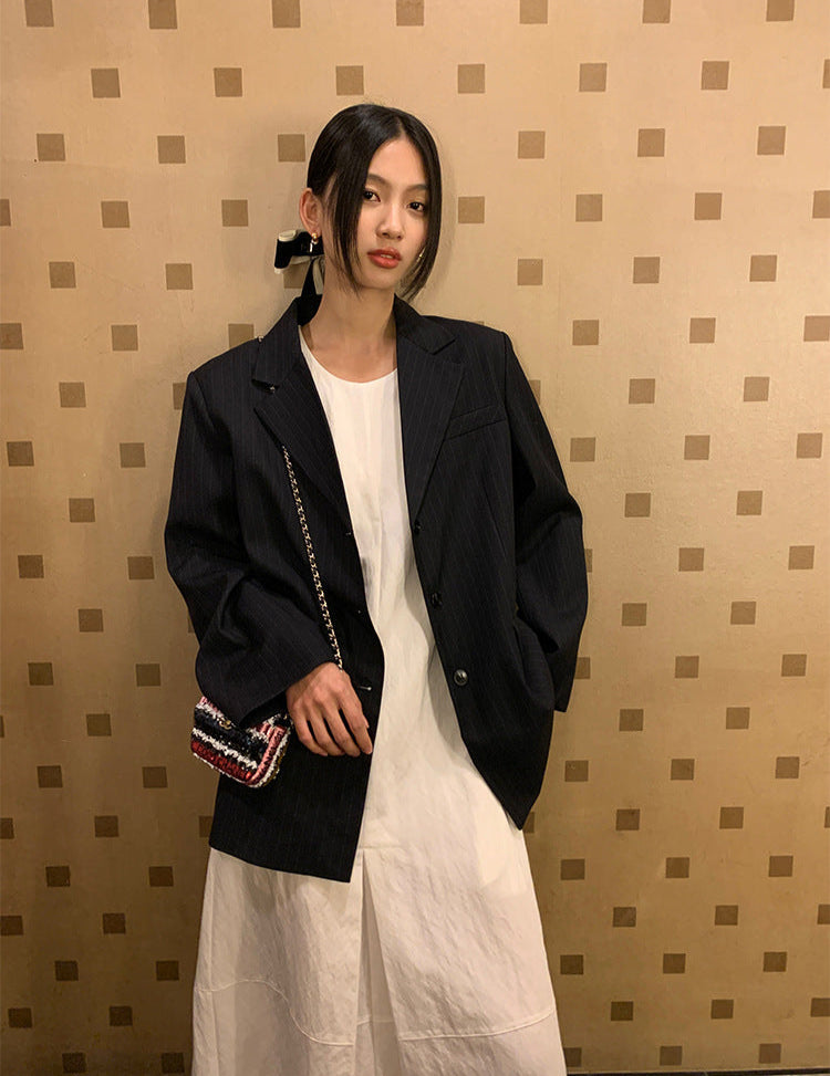 Lacivert Çizgili Oversize Blazer