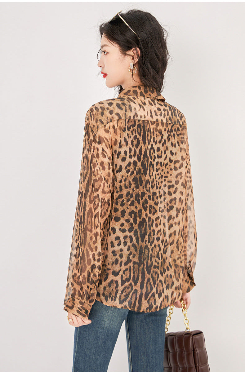 Leopar Desenli İnce Tül Gömlek
